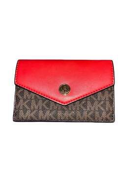 Michael Kors Kala Flame Red and Brown Signature Logo Small Flap Card Case Wallet